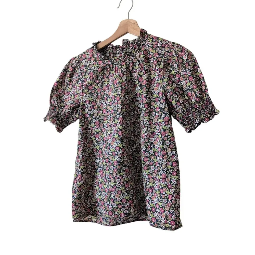 J.Crew Blouse XXS 2XS Floral Ruffle‎ Neck Smocked Puff Sleeve Cotton Poplin